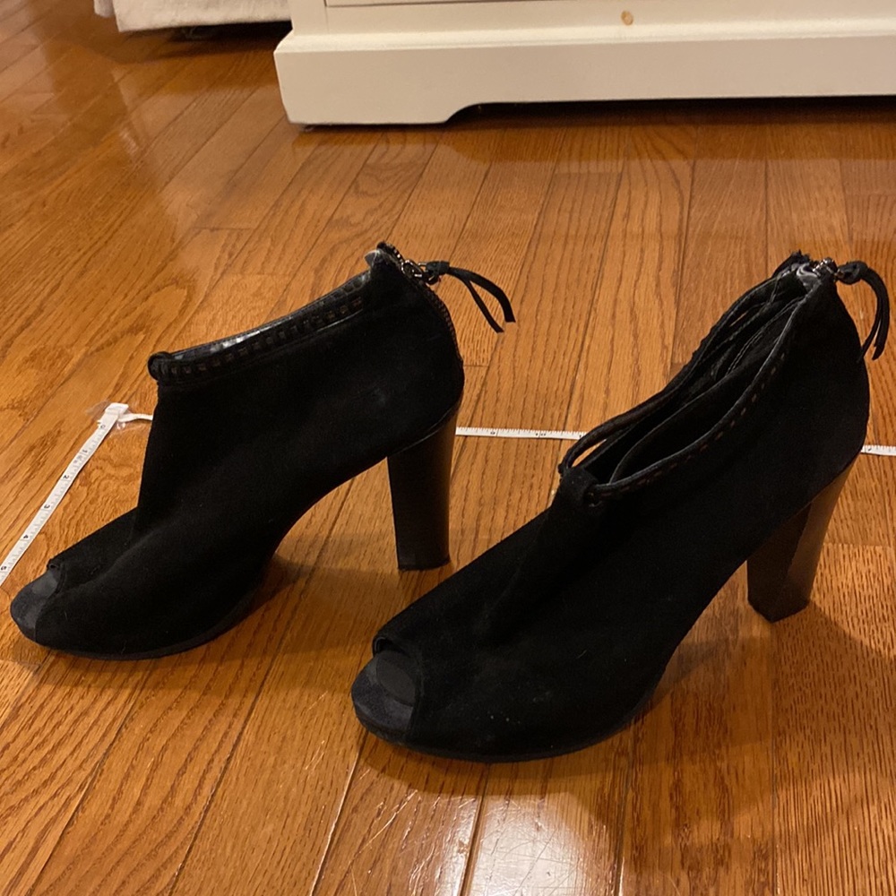 Black suede, open-toe, bootie